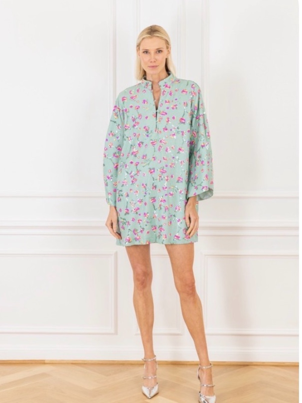 La Vie Style House Green Caftan Mini Swing Dress